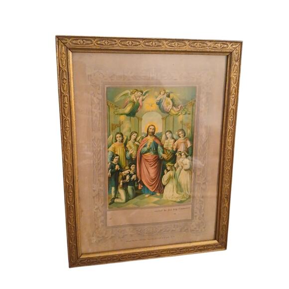 Vtg First Communion Certificate Color Artwork Intricate Cut Gold Frame Rare READ - Picture 1 of 16